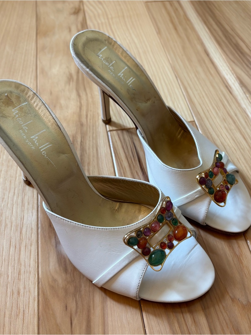 Vintage Nicole Miller White Leather Jeweled Buckle Accent Mule Heels